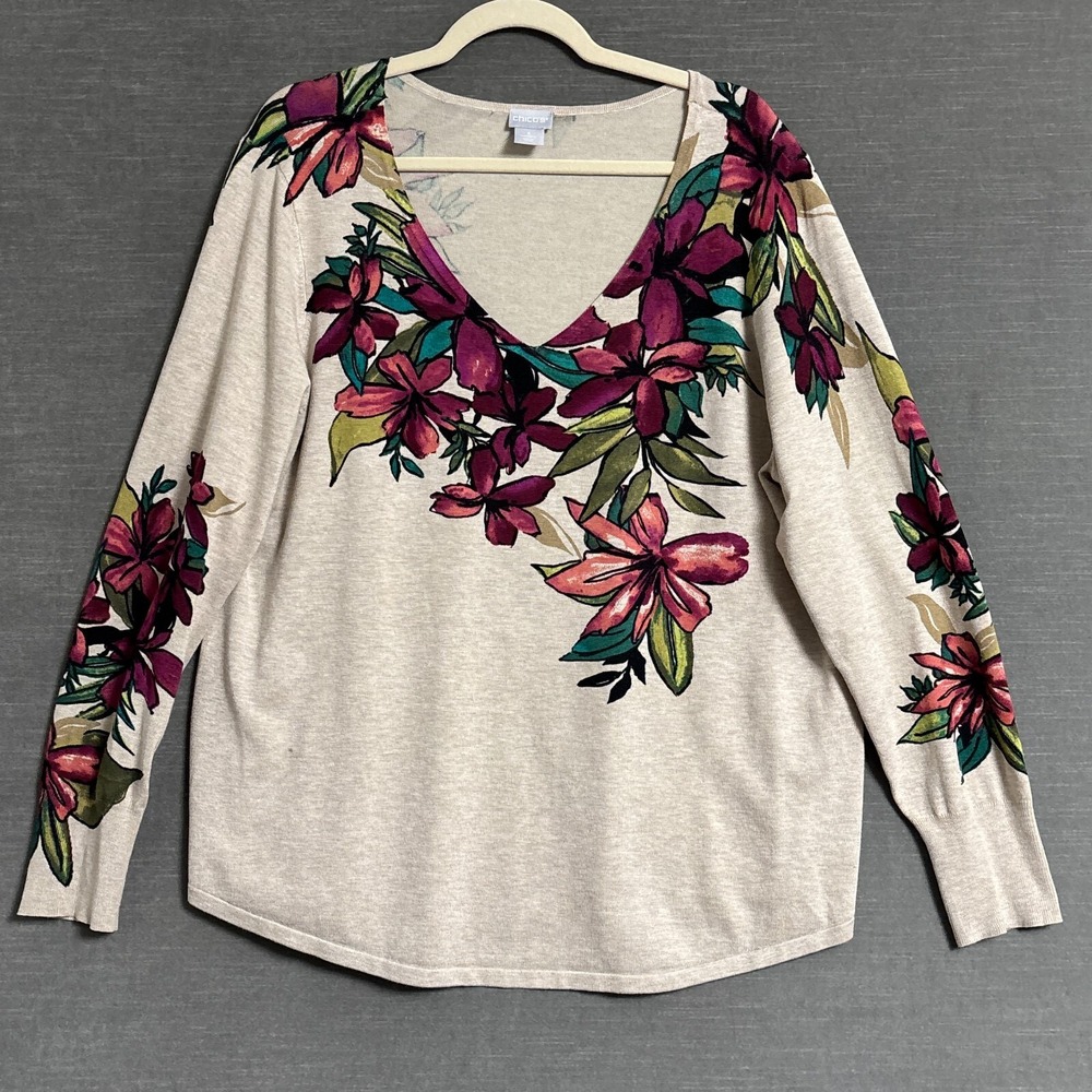 Chicos Sweater 3 L US 16 Beige Floral Casual Comfort Career Classic‎ Lightweight